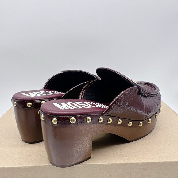 MOSCHINO 70MM Logo Patent Leather Platform Clogs BORDEAUX Red Womens EU 35 $770 - Picture 7 of 11